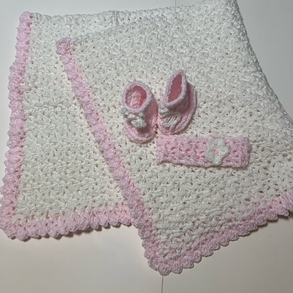 Hand Crafted Pink and White Baby Blanket Set